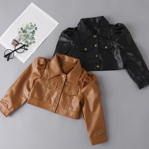 Girl Casual Long Sleeve Jacket Fashion Solid Color Lapel Button Down PU Leather Coat For Autumn Spring Long Sleeve Cropped Tops