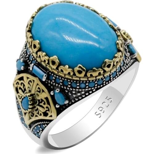 Natural Turquoise 925 Sterling Silver Mens Ring Castle Turkey to Send Boyfriend Auspicious Fashion Retro Ring