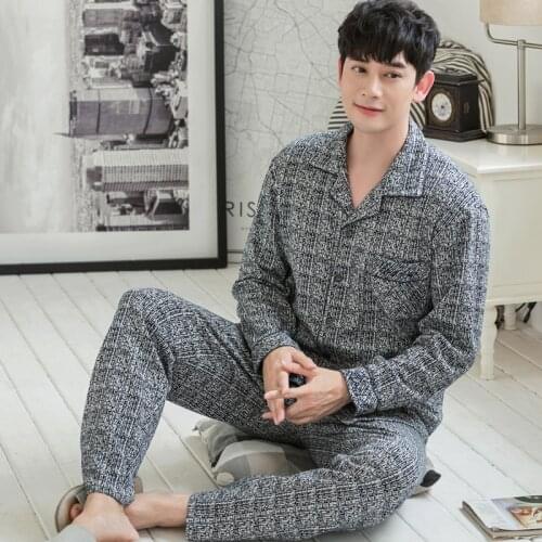 Spring 100%Cotton Men Sleepwear Suit Long Sleeve Turn-down Collar Cardigan Mens Pyjamas Plus Size 4XL Male Leisure Homewear