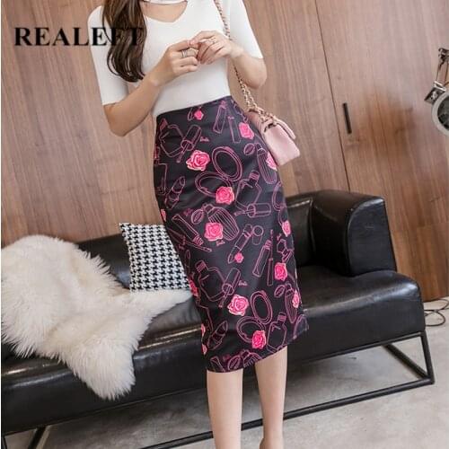 REALEFT Spring Summer Floral Print Fashion Sheath Wrap Skirts High Waist Pencil Midi Skirt Zipper Back Split Skirts Womens 2020