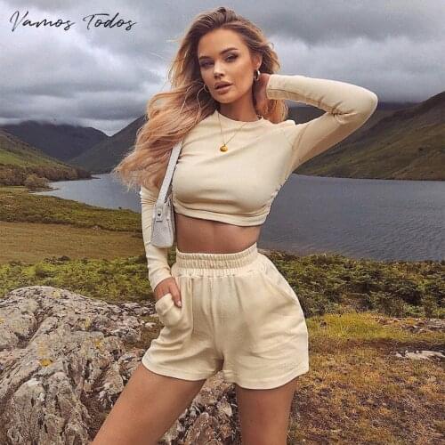 Vamos Todos 2021 Summer Women Outfit 2 Piece Set Backless T Shirt Top Pants Solid Woman Casual Tracksuits GYM Yoga Sportwear