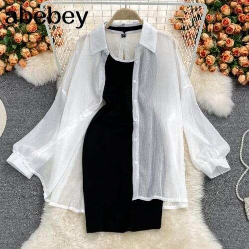 2021 New Autumn Temperament turn-down collar long sleeve single breasted Shirt + O-neck sleeveless A-line Dress 2-piece set