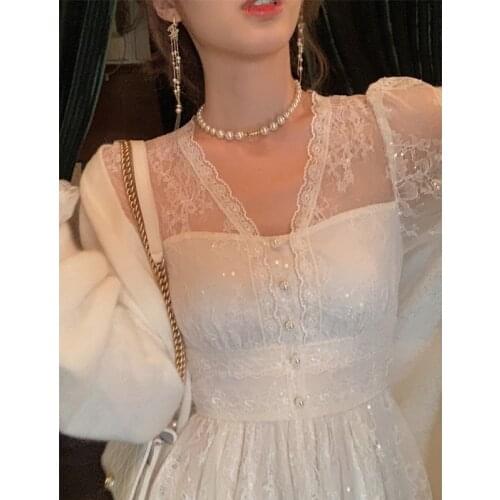 Elegant womens long sleeve lace dress 2020 new super fairy patchwork dress elegant Princess hollow up dress autumn v neck sweet