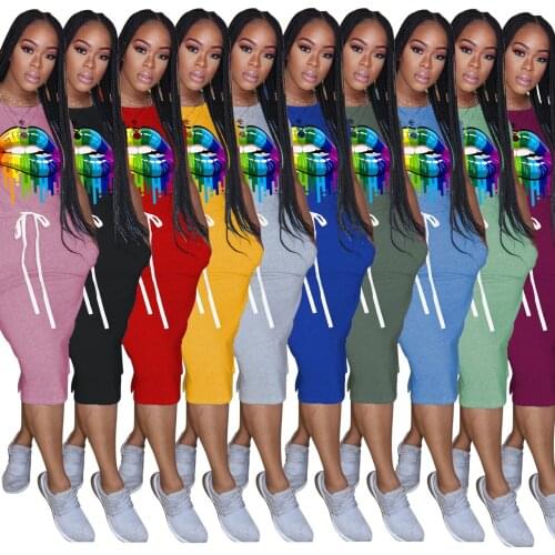 10 Option Colors Women Casual Summer Dresses Short Sleeve O Neck Lace Up Dress Big Lip Print Sundress Lounge Wear with Pockets