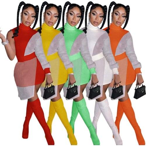 Women Fashion Dress Patchwork Turtleneck One Shouler Irregular Mini Dress Sexy Nightclub Party Bodycon S-XXL