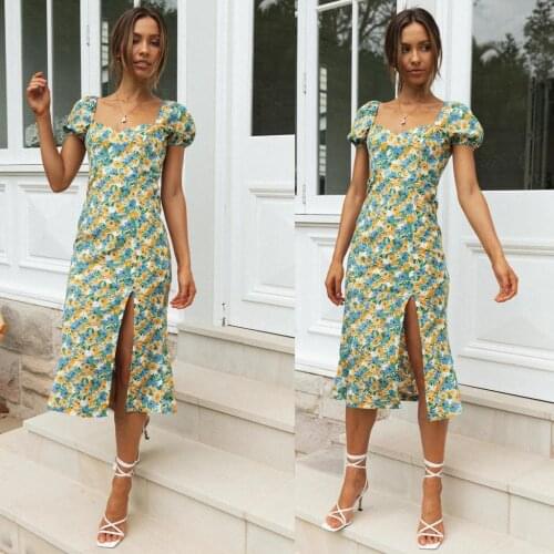 2021European and American style spring womens new bubble sleeve square collar floral dress 605