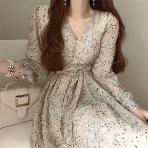 Sweet Floral Print V-neck Long Sleeve Chiffon Dress Simple Casual Office Lady Robe Elegant Slim Waist Vestidos Korean Chic Robe