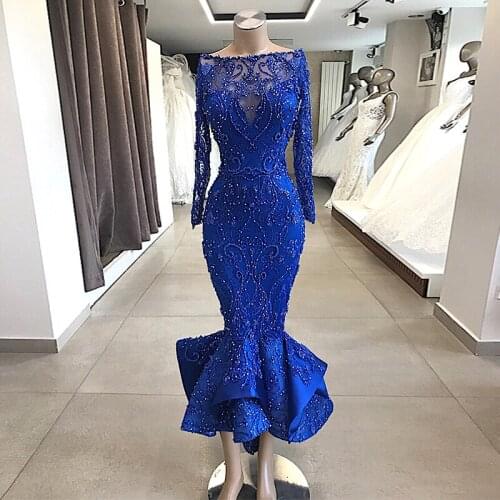 High Style Lady Mermaid Party Dress Sequins Applique Long Sleeve Boat Neck Ruffles Evening Dress