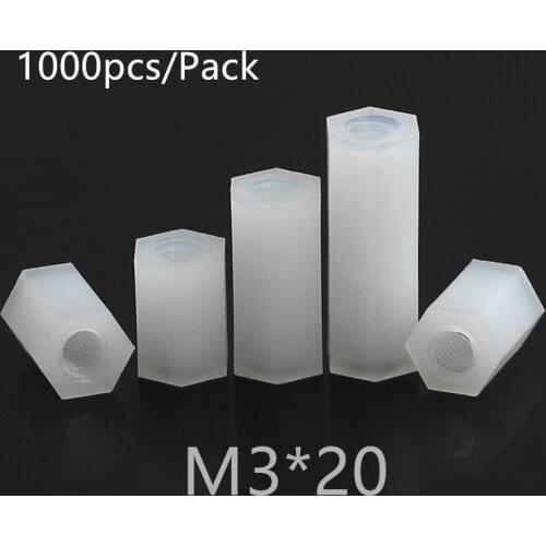 1000pcs M3*20 M3x20 Nylon Standoff Spacer PCB Female Column Flat Head Double Pass Nylon Plastic Thread Screws Hex Long Nuts