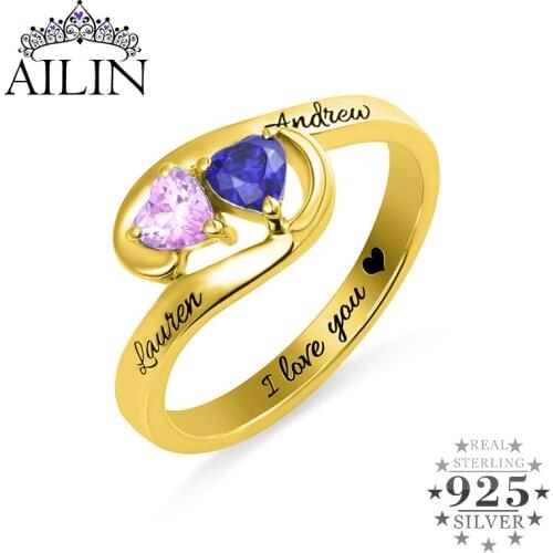 AILIN Personalized Silver 925 Wedding Rings Women Men 18K Plated Name Ring Couple Mother Girlfriends Custom Gemstones Jewelry