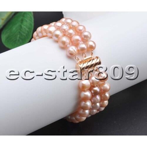 P5903 3Row 8" A+ 9mm Pink Round Freshwater Cultured Pearl Bracelet Women Fine Jewelry