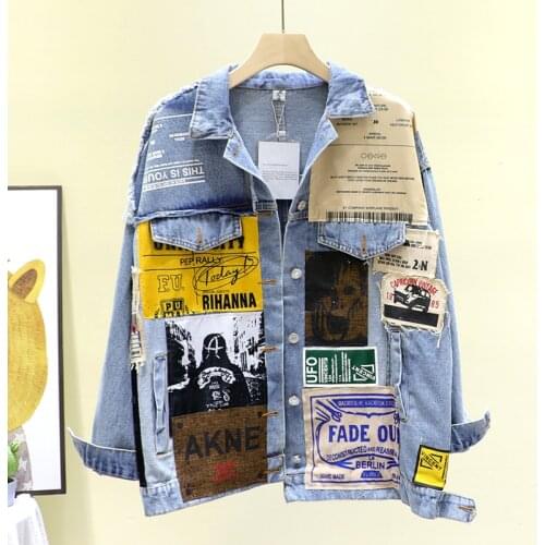Spring Vintage Full Sleeve Asymmetric Appliques Newspaper Pattern Large Size Black Denim Jacket Casual Jean Coat 2021 Autumn New
