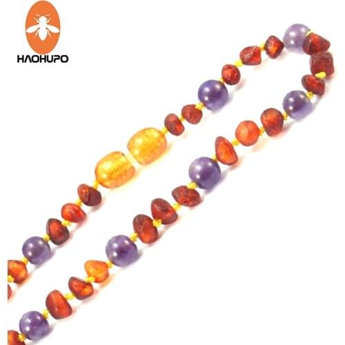 HAOHUPO Unpolished Amber Baby Teething Bracelet / Necklace with Natural Amethyst Stone Irregular Amber Jewelry for Women Child