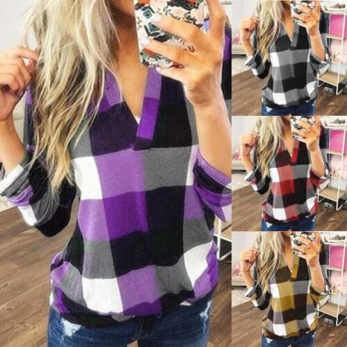 Dropshipping Women Casual Loose V Neck Long Sleeve Flannel Plaid Shirts Blouses Pullover Tops