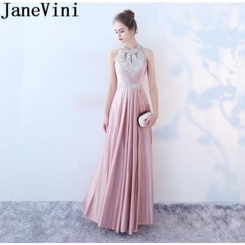 JaneVini 2018 Elegant Pink Long Bridesmaid Dresses Satin Shining Sequins Crystal Sleeveless Dress for Party Wedding Guest Dress