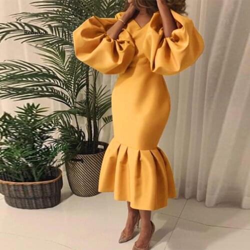 Elegant Solid Lantern Long Sleeve Club Party Dress Office Lady Sexy V Neck Long Dress Women Spring Autumn Pleated Bodycon Dress