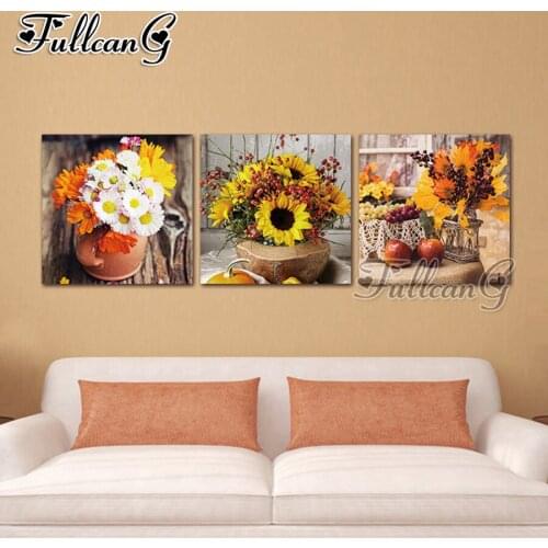 FULLCANG diy 5d diamond embroidery sunflower triptych painting 3 piece full square/round drill mosaic pattern home decor FC650