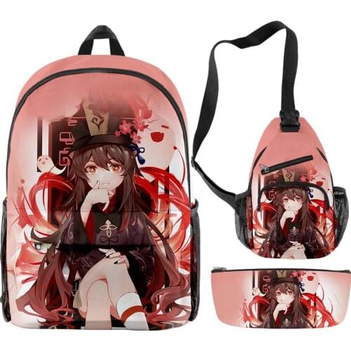 Genshin Impact HuTao 3pcs/set Boys Girls Backpack Primary Middle School Students Cosplay Schoolbag Chest Bag Pencil Case