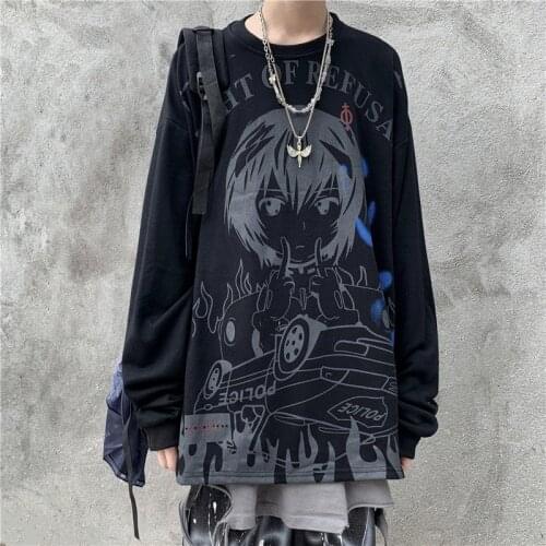 HOUZHOU High Street Goth Anime Printing Women Tshirt Hip Hop Long Sleeve Harajuku Black T Shirts Korean Streetwear Dark School