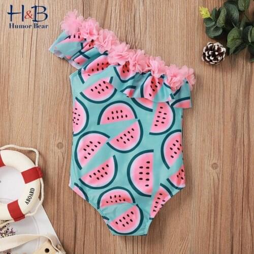 Humor Bear Girls Off-Shoulder Swimsuit Set New Summer Fruit Printed Elastic Sexy Adjustable One-piece Children Clothes