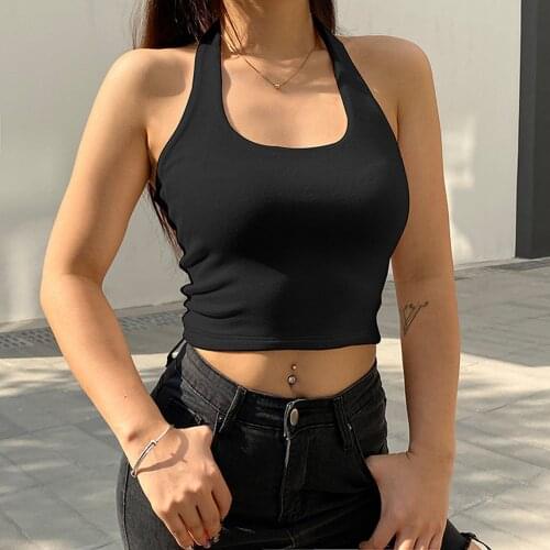 Summer Halter Sexy Backless Tank Vest Short U-neck Hanging Neck Tight Sleeveless Women Streetwear Solid Y2k Tops