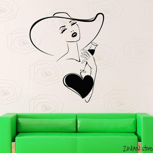 Love Beautiful Sexy Girl Wall Decals in Hat Drink Women Wall Sticker For Party Vinyl Removable Mural Wallpaper For Bedroom H023