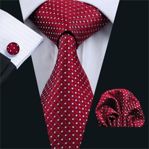 FA-709 Mens Tie Red Geometric Silk Jacquard Neck tie Tie Hanky Cufflinks Set Ties For Men Business Wedding Party Free Shipping
