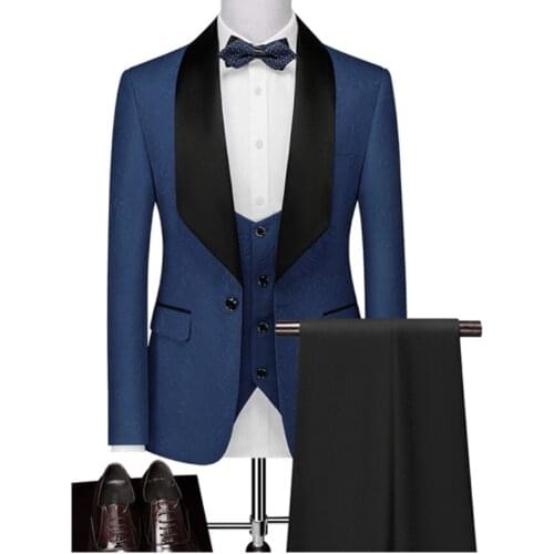 Men Suits Navy Blue Pattern and Black Groom Tuxedos Shawl Lapel Groomsmen Wedding Best Man ( Jacket+Pants+Vest+Tie ) D26