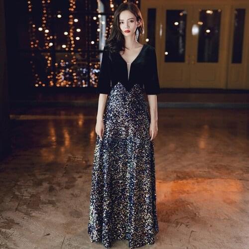 Special Occasion Dresses Vintage V-Neck Half Sequined A-Line Luxury Black Elegant Floor-Length Fashion Nice Women Prom Gown E922