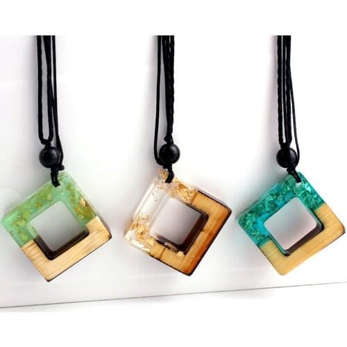 Handmade Resin & Wood Necklace Geometric Square Round Triangle Pendants Rope Chains Women Collar Necklace Party Jewelry Gift,1PC