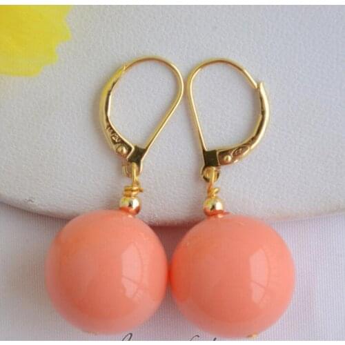 Free shipping 16MM ROUND PINK CORAL SOUTH SEA SHELL PEARL DANGLE EARRING