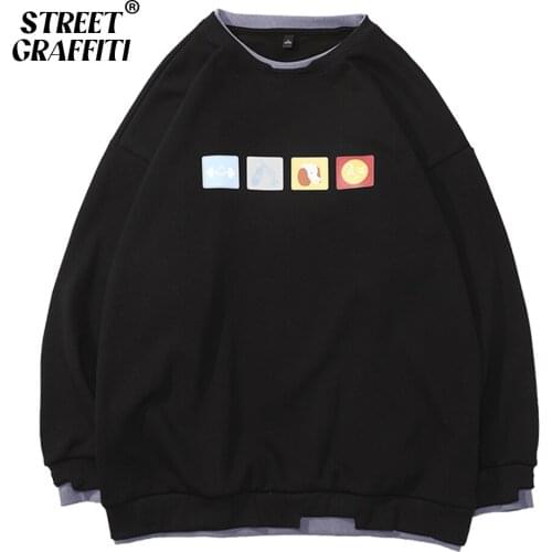 Men Casual Sweatshirts Hoodie Harajuku Vintage Painted Style Solid Hip Hop Creativity Streetwear Male 2021 Cotton Men Hoodies