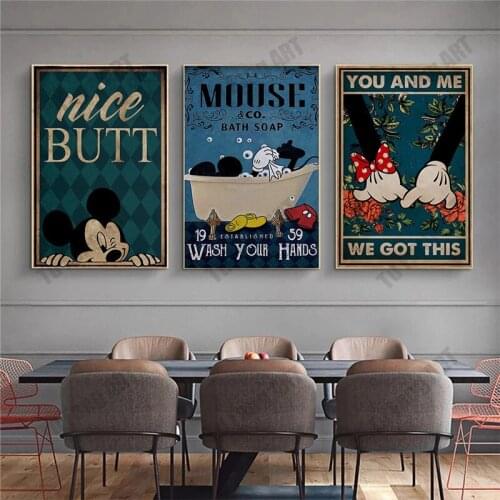 Disney Funny Bathroom Anime Poster Print Hooked Hand Blink Retro Mickey Mouse Canvas Painting Picture Wall Art Room Decoration