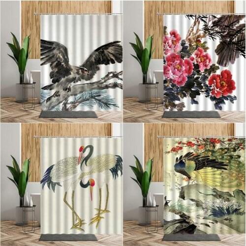 Chinese Style Flowers Bird Shower Curtain Peony Eagle Peacocks Watercolor Floral Home Decora Waterproof Bath Curtains With Hooks
