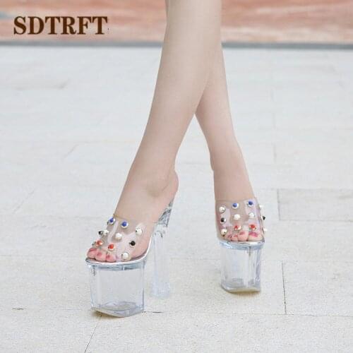 SDTRFT Stiletto Ladies 19cm Thick Heels Sandals Platform shoes woman zapatos mujer Transparent Slipper Multi color rivet Pumps