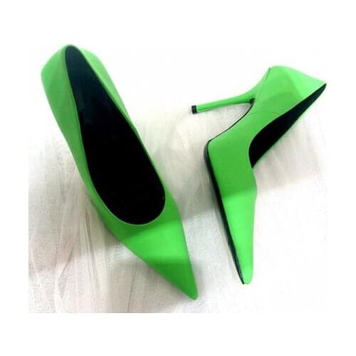 Linamong Top Quality Woman Fashion Cow Leather Pointed Toe Pumps Fluorescence Green Shallow High Heels Dress Party Shoes Lady