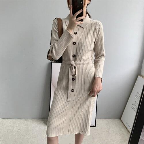 2020 Knitted Sleeve Turn Down Collar Women Long Pullovers Winter Sweater Dress Tricot Pull Femme