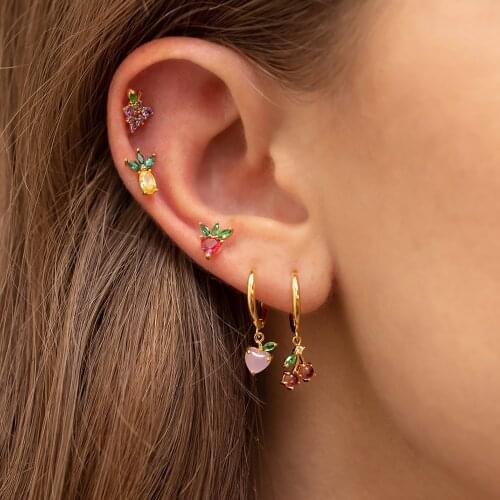 ZHOUYANG Mini Cute Fruit Stud Earrings For Women Girl Ins Korean Small Crystal Cherry Earing Gold Color Wholesale Jewerly KBE099