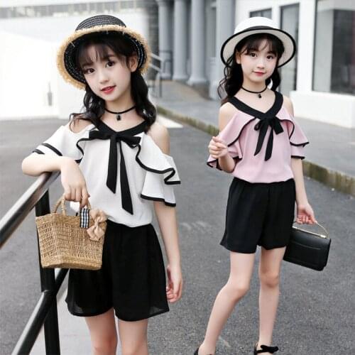 Girls 2018 New Summer Set Chiffon Off-shoulder 2 Pieces Suits Set Bow Tie Top White Pink Top & Shorts Children Clothes Outfits