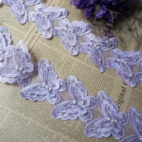 10x Puple Butterfly Pearl Embroidered Lace Trim Ribbon Fabric Handmade DIY Sewing Craft For Costume Hat Shoes Decoration