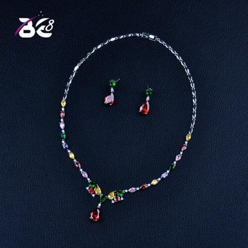 Be 8 Luxury Water Drop Shape Crystal CZ Stone Multicolor Necklace Earring Set Women Jewelry Set Wedding Dress Accessories S360