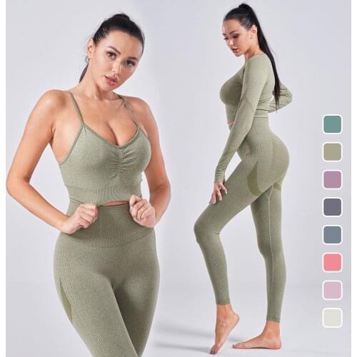 Seamless Yoga Set Sports Fitness High Waist Hip-lifting Trousers Long Sleeve Bra Suit Workout Clothes Gym Leggings Set for Women