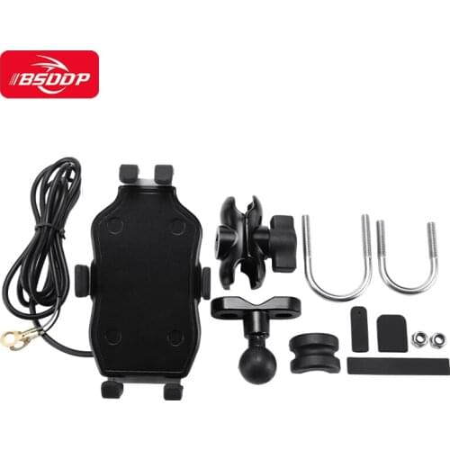 BSDDP Motorcycle Mobile Phone Holder Non-Slip Universal Handlebar & Rearview Mirror Stand Mount Clip Bracket with USB Charger