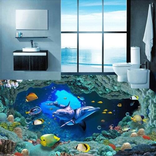 Custom Photo Floor Wallpaper HD Underwater World Dolphin Bathroom PVC Self-adhesive 3D Floor Stickers Waterproof Home Decor