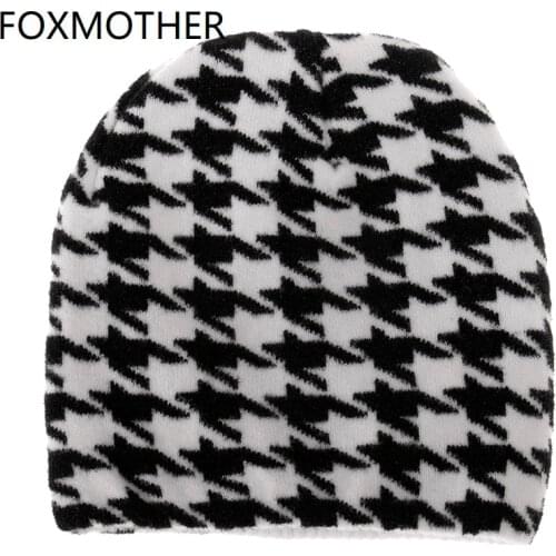 FOXMOTHER New Fashion Black White Houndstooth Beanie Hat Women Female Winter Caps 2020 Gorros Mujer