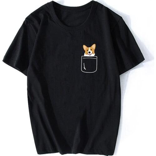 Corgi In Pocket Funny Cute Puppy Big Happy Smile Casual Harajuku Streetwear Summer Clothing T Shirts Cotton O-Neck Tees Tops