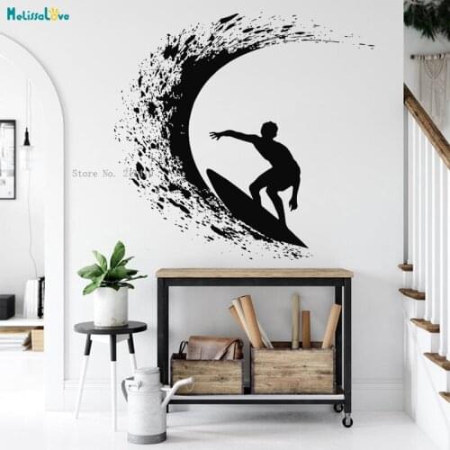 Brave Man Encountered A Rare Good Wave Surfing Wall Sticker Water Extreme Sports Surfer Board Vinyl Art Decor Decals YT4572