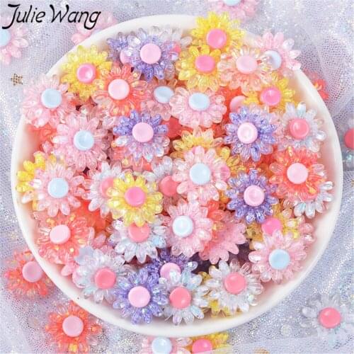 Julie Wang 10pcs/pack Colorful crystal flower charms Mix color Sunflower Resin phone shell Decor Hair dress DIY accessories