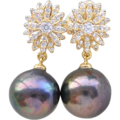 P7631 13.5mm Round Brown-Black Edison Pearl Dangle Earring