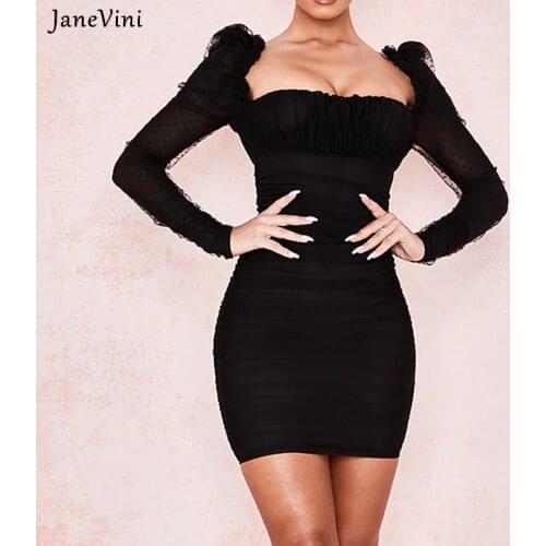 JaneVini Fashion Polka Dot Mesh Women Mini Dresses Puff Sleeve See Through Sexy Black Dress Summer Female Bodycon Party Dresses